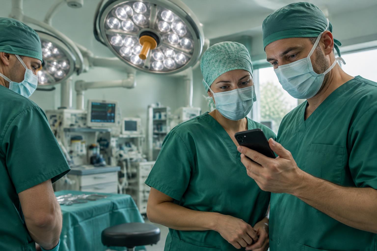Surgical team reviewing a smartphone together in an operating room